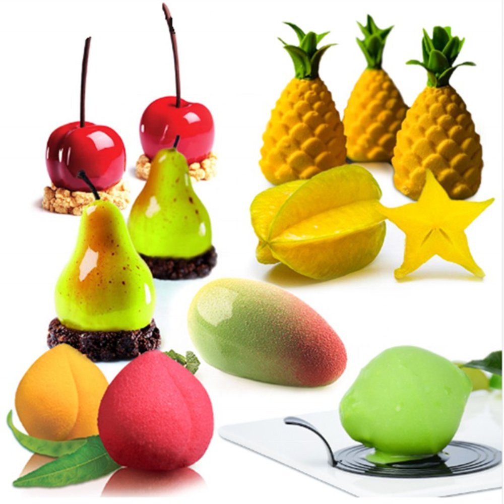 Hot Factory Pineapple Pear Cherry Mango Verrhoa Carambola Peach Shape LFGB Reusable Fruit Mold Silicone Mousse Cake Mould